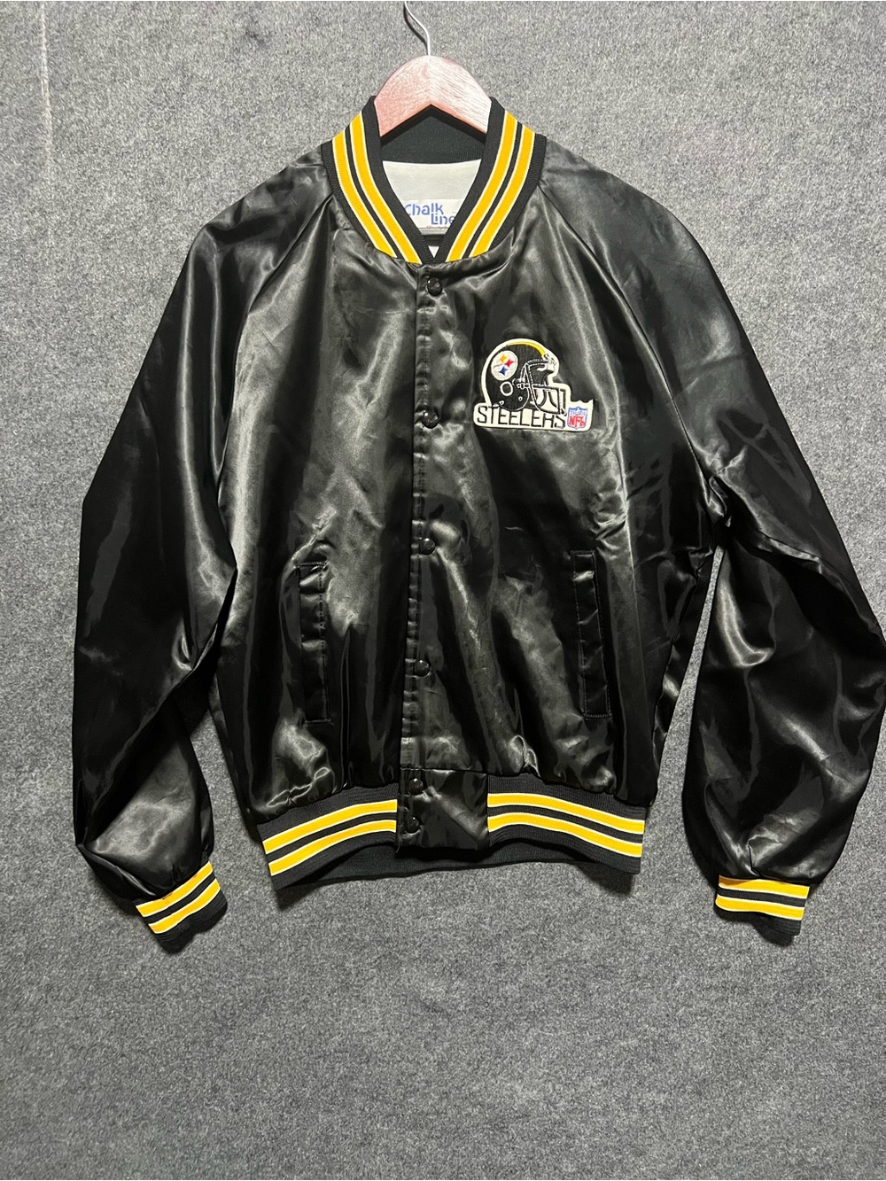 Black Satin Bomber Jacket with Yellow Trim - Steelers Style
